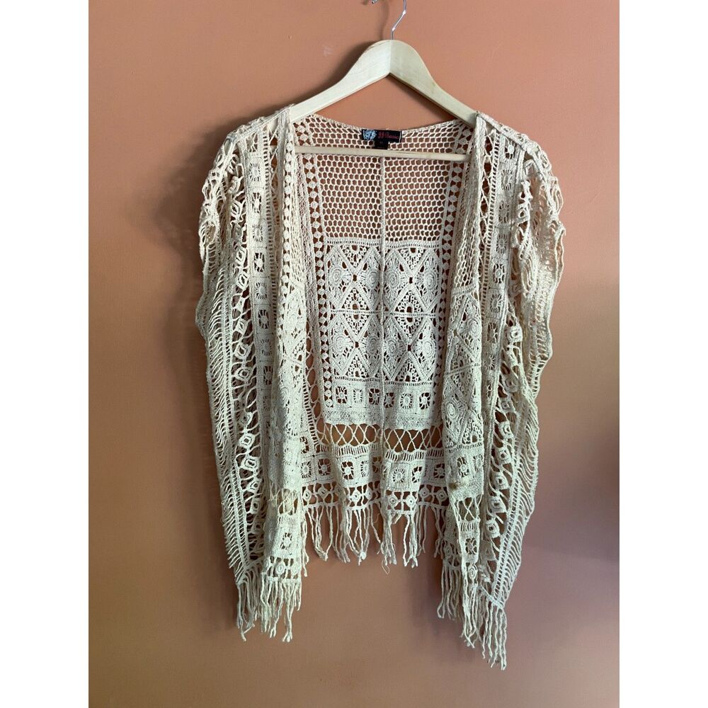 Cream Crochet Lace Kimono Cardigan XL Fringe Boho Festival Open Front